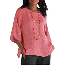 Women's 2026 Summer Shirts Casual Plus Size Crewneck Solid Color 3/4 Sleeve Tunic Tops Loose Fashion Vacation Blouses