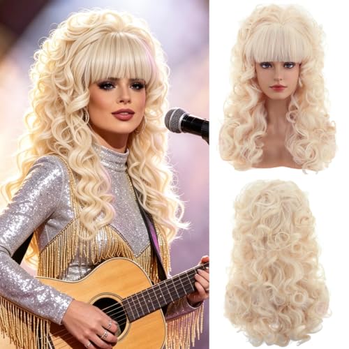 RightOn Blonde Wig with Bangs Long Curly Blonde Wig for Women
