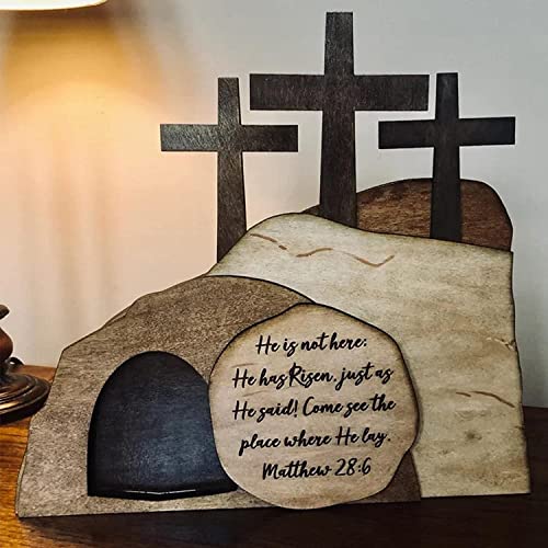 Xinyin Resurrection Small Scene Decoration for Easter, Christian Home Figurines Jesus Nativity Empty Tomb Desktop Ornament, Holy Catholic Gifts Layering Wooden Easter Figurine Cross Statue (B) - Image 5
