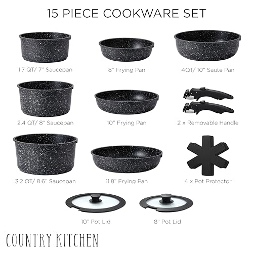 Image of Country Kitchen Cookware Set with Removable Handle, Oven & RV Safe Pots and Pans Set, Black, Deluxe Larger Set