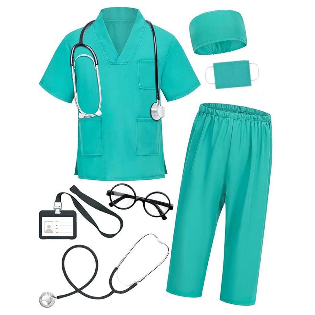 Aomig 7PCS Kids Doctor Costume Girls Nurse Scrubs Nurse Suit Kit Uniform Dress Up for Halloween World Book Day Cosplay(110)