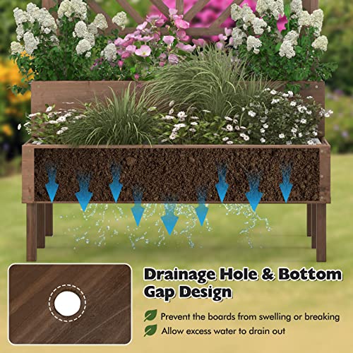 COSTWAY 2-Tier Raised Garden Bed with Trellis, Wooden Elevated Planter Box with Drainage Holes for Climbing Plants Vines, Fruit Vegetable Flower Pot Container for Patio Balcony (Brown, 109x62x135cm) - Image 4