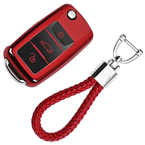 Coque en Silicone pour Clé Volkswagen VW Golf Passat Seat Ibiza Leon Skoda Octavia Cover Housse Porte-clé TPU Protection Télécommande (Rouge)