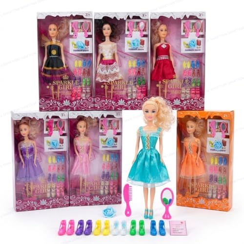 Image of SHAKTISM Doll Set for Girls with Makeup, Dress, Accessories, Comb and Mirror, Sandle Set Multicolor, 3 Years and Up (Sparkle Girl Doll)
