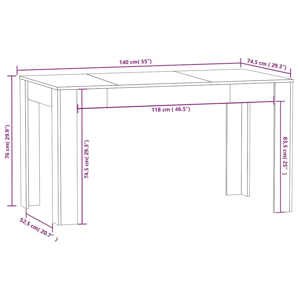 Tavolo da pranzo rettangolare, effetto rovere fumé, 140 x 74,5 x 76 cm, in legno, moderno per cene in famiglia e cene, superficie facile da pulire