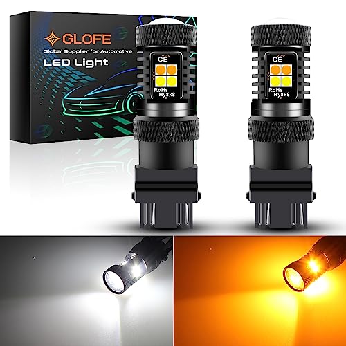 GLOFE Super Bright White Amber Dual Color Switchback 3157 3156 3155 3057 4157 4057 LED Bulbs with Projector for Car Front Turn Signal Parking Lights DRL Anti Hyper Flash, Pack of 2