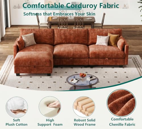 Image of Modular Sectional Sofa, 101 inch L Shaped Couch with Storage | High Resilience Foam, 22 inch Seat Depth, Movable Ottoman, Comfy Chenille, Easy Assembly, Orange
