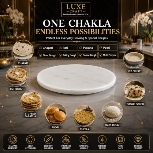 Image of Luxe Craft White Marble Chakla 10 Inch | Roti Chapati & Papad Rolling Board | Smooth Finish Stone Chakla | Heavy Duty Non Slip Dough Rolling Board for Kitchen Use