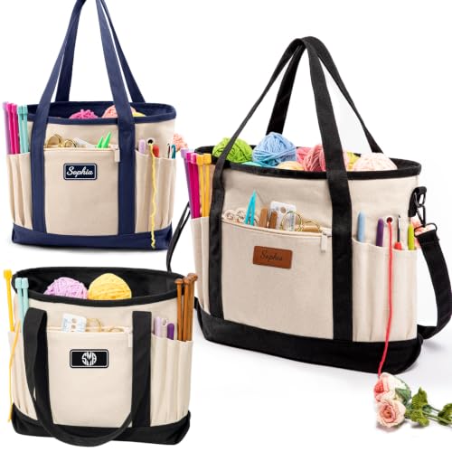 Image of Personalized Crochet Bag with Custom Leather Patch or Embroidered Name, Canvas Knitting Tote for Yarn Storage, Crochet Organizer with Multiple Pockets, Custom Gift for Crocheters & Knitters