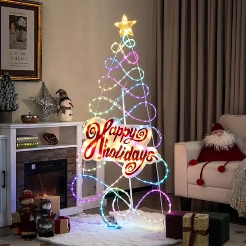 GOPLUS Árbol de Navidad Plegable con Estructura de Hierro, Incluye Tablero de Letras y Estrella de Tela; 216 Bombillas LED con Control de Puntos