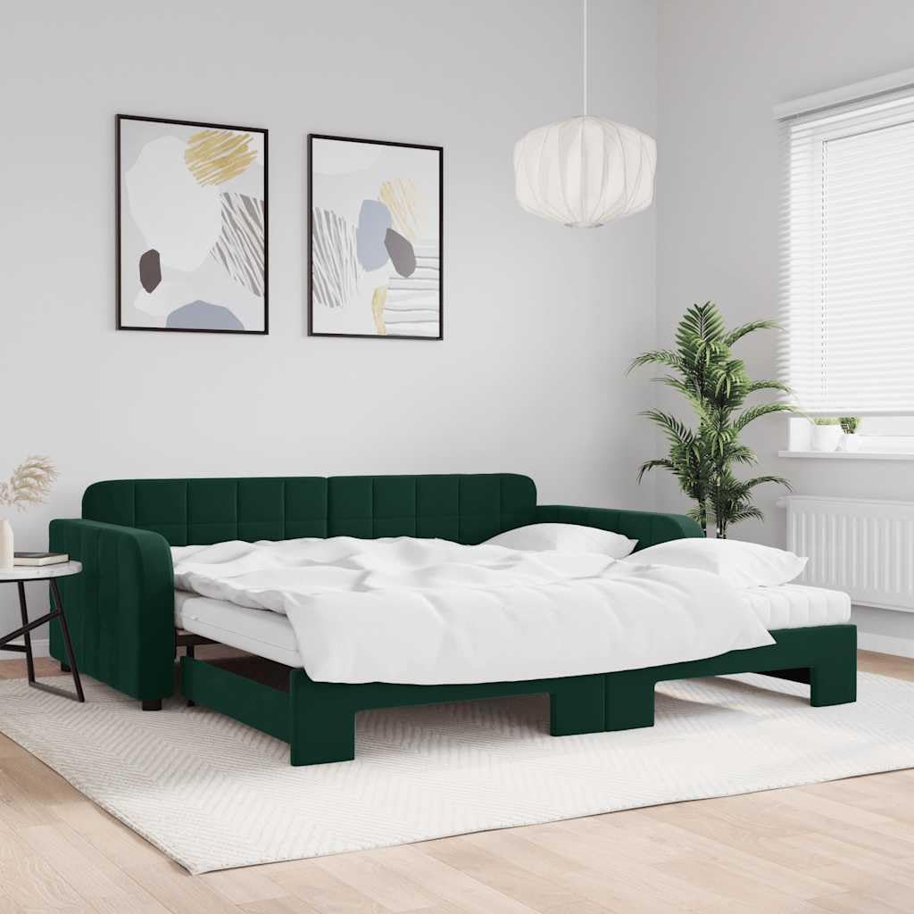 Aksamitna rozkładana 2w1 z wysuwanym łóżkiem 100x200 cm Zielony | Sofa rozsuwana z materacami, ciemnozielona, aksamit, 100x200 cm, 2 w 1, do salonu i sypialni, rozkładana