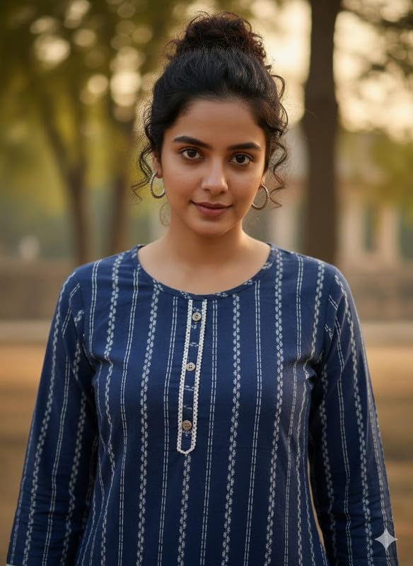 Image of Women Cotton Blend Kurti Pant Set for Women Ethnic Printed Straight Kurta with Pants Co Ord Set Casual Office Wear Traditional Kurta Set Blue 3 /4 Sleeve Round Neck