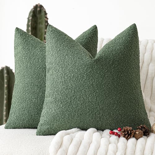 Image of Foindtower Set of 2, Decorative Textured Boucle Throw Pillow Covers Accent Solid Pillow Cases Neutral Cozy Couch Cushion Case for Chair Sofa Bedroom Living Room Home Decor 24 x 24 Inch Hunter Green