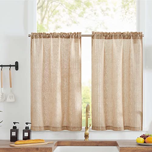 jinchan Beige Kitchen Curtains Linen Tier Curtains 36 Inch Farmhouse Cafe Drapes for Small Window Flax Country Rustic Rod Pocket Bathroom Laundry Room RV Light Filtering 2 Panels Crude 26"W