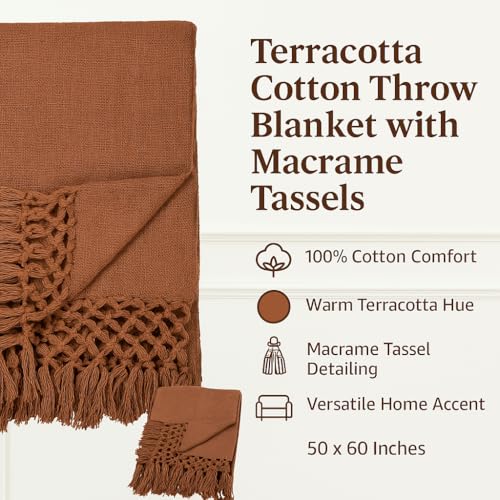 Image of HAKAM Cotton Throw Blanket with Macrame Tassels for 3 Seater Sofa | Ideal for Your Home, Living Room, Sofa, Bed, Chair, Picnic & Used for Gift - 50X70 inch (Rust, Single)