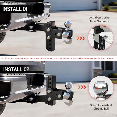 Image of ORCISH Adjustable Rotating Trailer Hitch, 4-in-1 Tri-Ball & Tow Hook, 360 Swivel Ball Mount, 2 inch Receiver with 5 inch Drop /Rise, Ball Sizes: 1-7 /8 inch, 2 inch, 2-5 /16 inch, Anti-Theft Lock, Fits Truck SUV RV