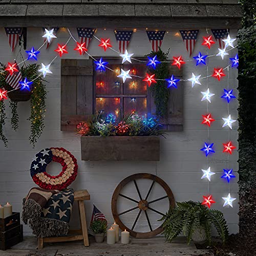 10Ft 40Led Patriotic Decor Star String Lights, 4Th Of July Red White Blue Star Lights American Flag Decorations Labor Day Memorial Day Independence Day Party Supplies Battery Operated With Remote #TOP5
