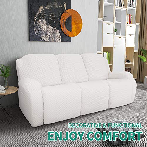 Image of YEMYHOM 8 Pieces Stretch Recliner Sofa Cover Jacquard Reclining Couch Cover with Side Pocket Anti-Slip Fitted 3 Cushion Furniture Slipcovers with Elastic Bottom (Sofa Recliner, White)