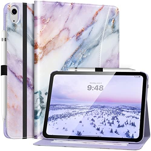 MoKo iPad 10th Generation Case iPad 10.9 Inch Case 2022, iPad Case 10th Generation [Multi-Angle Viewing] Smart Cover with Hand Strap,Support Touch ID&Auto Wake/Sleep, Purple Marble