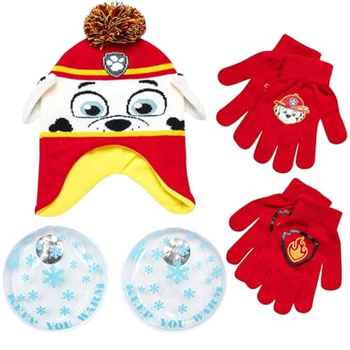 Image of Nicklelodeon Paw Patrol Boy's Winter Hat and 2 Pair of Gloves or Mittens Set (Toddler /Little Boys) Size Age 4-7, Paw Patrol Marshall Glove with Handwarmers