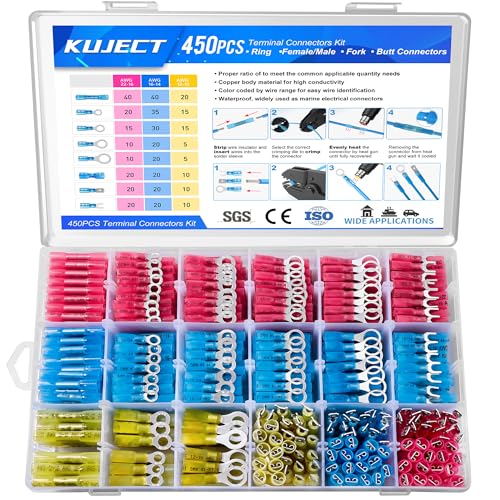 Image of Kuject 450PCS Heat Shrink Wire Connectors, Multipurpose Waterproof Electrical Wire Terminals kit, Insulated Crimp Connectors Ring Fork Spade Butt Splices for Automotive Marine Boat Truck