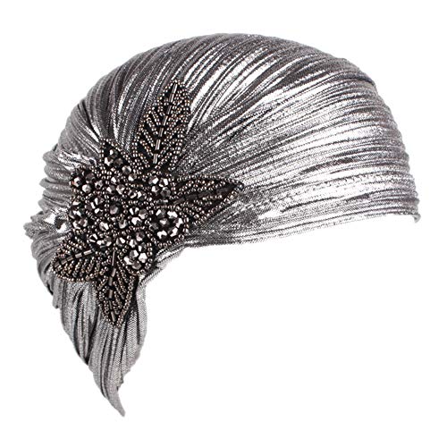 MoreChioce Damen Indische Turban,1920s Vintage Kopftuch mit Kristall Retro Turban Hut Glitzer Headwrap Elastische Kopfbedeckung Kopf Wraps,Silber