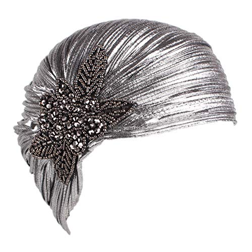 MoreChioce Turban Strass,Femmes Indienne Chapeau Casquette avec Cristal 1920 Brillant Hijab Foulard Cheveux Head Wrap Cap Stretch Bandana,Argent