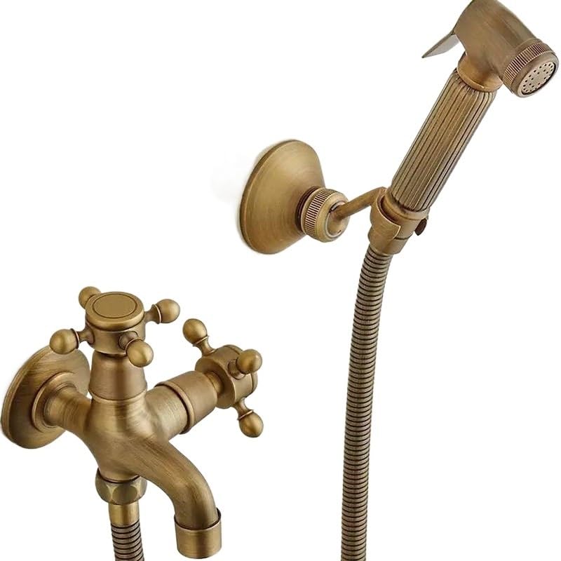 Grifo de bidé de bronce antiguo empotrado con doble mando para baño y lavadora
