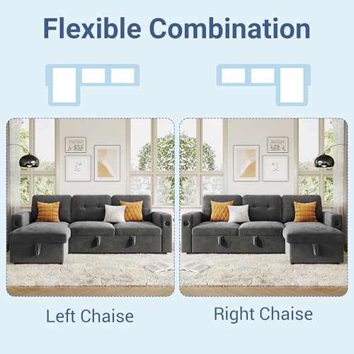 GarveeHome 84 Inch Sleeper Sofa Bed, L-Shaped Sofa, Convertible Pull Out Couch Bed with Storage, Charging Station, LED Lights, Modern Sectional Sofa for Living Room, Apartment, Velvet, Dark Grey - Image 6