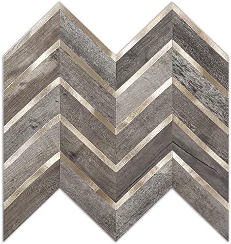 KASARO 10-Piece Peel and Stick Backsplash, Herringbone Pattern Decorative Self-Adhesive Wall Tile for Kitchen and Bedroom, Wood+Metal Gold
