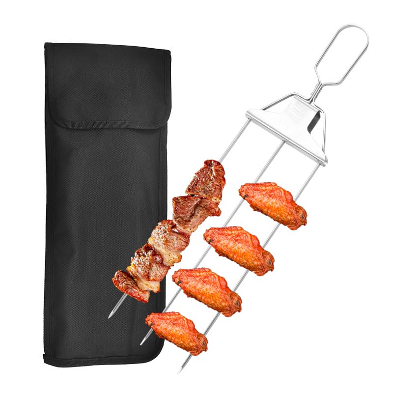 3 Way Kebab Skewers, Kebab Grill Skewers Stainless Steel, 3 Prong Skewer Metal Skewers for Grilling, BBQ Skewers with Push Bar Slider, BBQ Accessory Kabob Sticks for Meat Chicken Sausages Veggies