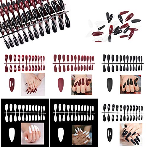 144 Pcs Press On Fake Nail Tips Full Cover Burgundy White Black Mixed Colors Light And Matte Effect ABS False Stiletto Nail Art Design Tools 6 sheets