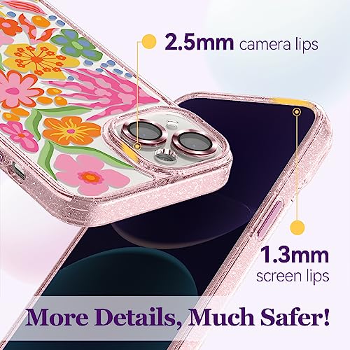 Image of Designed for iPhone 14 Case Pink Glitter Clear - Cute Bling Phone Case with Wrist Strap - Aesthetic Y2K Case for Woman, Girl 6.1 inch (Passion Flower)