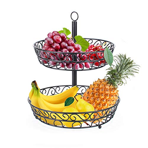 KingSaid 2 Tier Fruit Basket Metalen Fruit Storage Bowls Zwart Chroom Finish