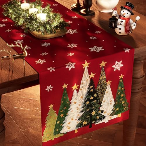 CHAMBERY Christmas Table Runner,13''X72'' Seasonal Christmas Tree Snowflakes Seasonal Decorations Table Runner, Perfect for Party Dinner Table Decor,Kitchen,Mantel,Bedroom Decoration