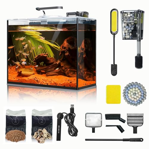 3 Gallon Small Fish Tank Glass Aquarium Set, Starter Kit with Heater Water Pump Cleaning Filter Bright Light Rocks Gravel Cleaning Tool, Leak-Proof Clear Rimless Desktop Spaces Saving Betta Fish