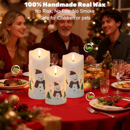 Image of Wondise Christmas Snowman Flameless Candles, Real Wax Battery Operated with Remote Timer, Glitter White Snowman LED 3D Wick Flickering Pillar Candles for Christmas Decor