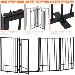   SMONTER-Free-Standing-Dog-Gate-with-Door-Walk-Through-805-Extra-Wide-Indoor-Dog-Fence-315-Height-4-Panels-Foldable-Metal-Pet-Puppy-Gate-for-Stairs-Hallways-Doorway