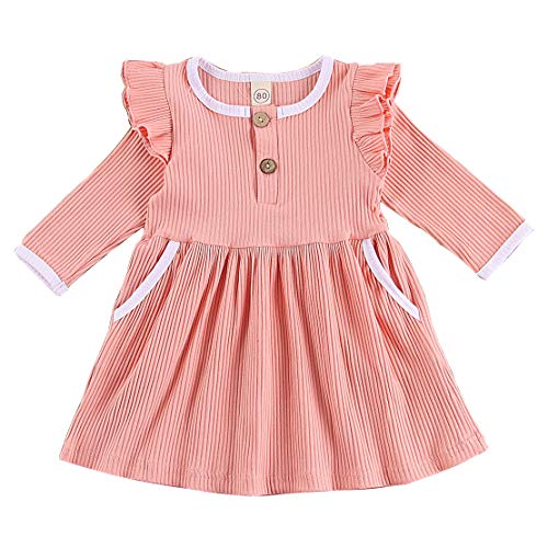 MODNTOGA Infant Toddler Baby Girls Ribbed Ruffle Dress Solid Color Long Sleeve Dresses Fall Winter Outfits (Pink, 6-12 Months)