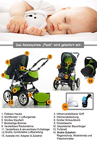 15 teiliges Qualitäts-Kinderwagenset 3 in 1 „FLASH“: Kinderwagen + Buggy + Autokindersitz – 15 teiliges Mega Set in 38 tollen Farben
