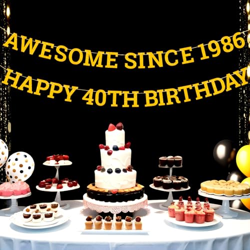 Image of Awesome Since 1986 Banner, Gold Glitter Happy 40th Birthday Banner Pre-Strung 40th Birthday Decorations for Anniversary Party Decor Supplies