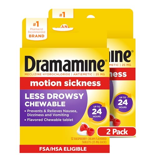 Dramamine Motion Sickness Less Drowsy Raspberry Cream Chewable, 12 Ct, 2 Pk | Chewables, Nausea Relief During Travel, Long-Lasting, Chewable Motion Sickness Relief, Prevents Nausea, With Meclizine
