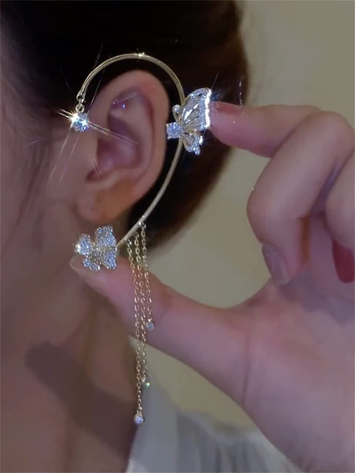 Butterfly Tassel Style Zircon Earrings, No Pierced Wraparound Butterfly Flowers Tassels Earrings,Womens Girls Jewelry Gift