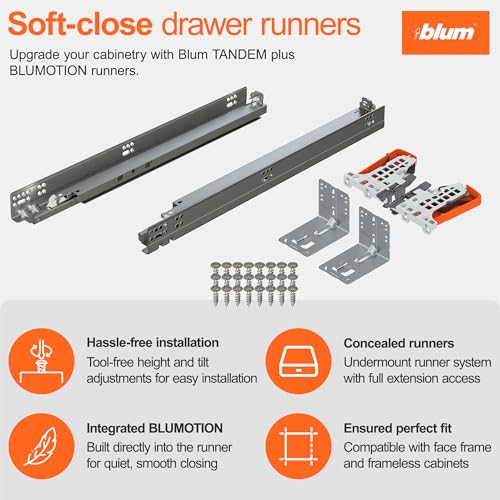 Image of Blum Tandem Plus BLUMOTION Concealed Undermount Drawer Slides (Runners) Kit, 18-Inch, Full Extension, Soft-Close, Steel, 100 lb. Load Capacity for Wood Drawers (1 Kit)