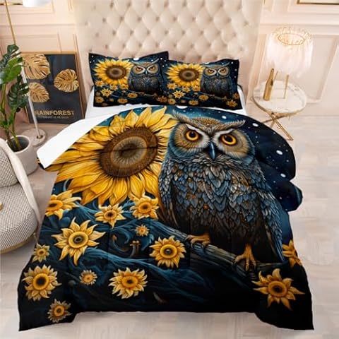 CCoutueChen Owl Sunflower Comforter Set Cover
