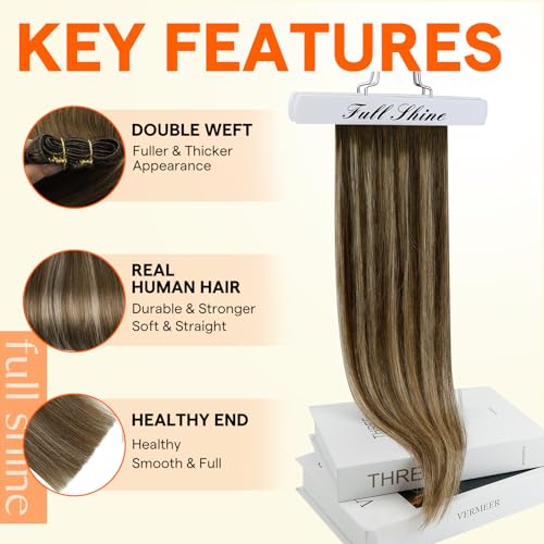 Image of Full Shine Weft Hair Extensions Human Hair, 14 Inch 100G, Remy Hair Weft | Silky Soft Hair Extensions, Medium Brown To Butter Blonde Mix Medium Brown, Real Human Hair Sew In, Daily Wear For Women