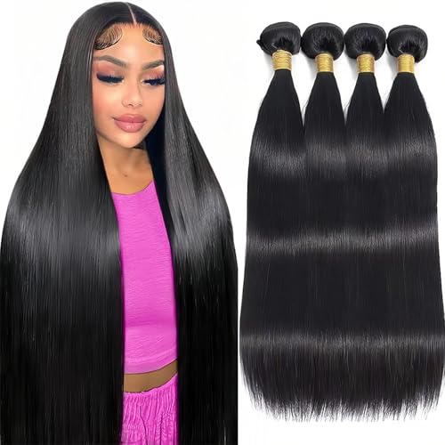 12A Human Hair Bundles Straight 16 18 20 22 Inch, 100% Unprocessed Brazilian Virgin Straight Human Hair Bundles, Sew in Hair Extensions Quick Weave 4 Glossy Hair Bundles, 400g/Pack Natural Black Color
