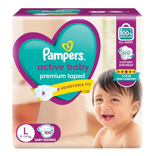 Image of Pampers Active baby Tape Style Baby Diapers, Large (L), 100 Count, 9-14 kg, Adjustable Fit with 5 Star Skin Protection (Pack of 4)