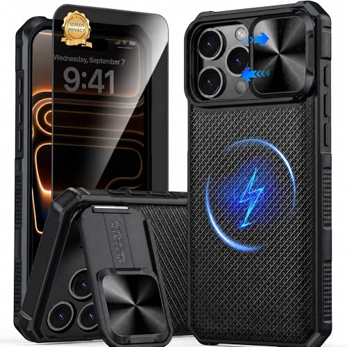 Image of Magnetic for iPhone 17 Pro Case with Privacy Screen Protector[Fit for Magsafe][Slide Camera Cover][Kickstand][Military Grade Protection] Shockproof Rugged Case for iPhone 17 Pro,Black