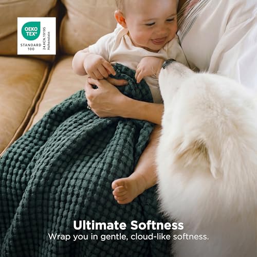 Image of Bedsure Cooling Cotton Waffle Weave Throw Blanket - Lightweight Breathable Blanket of Rayon Derived from Bamboo for Hot Sleepers, Luxury Throws for Bed, Couch and Sofa, Dark Green, 50x70 Inches